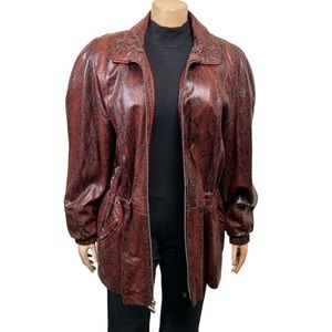Vintage DAMSELLE Leather Coat Snake print Burgundy red black Mid  Length size L